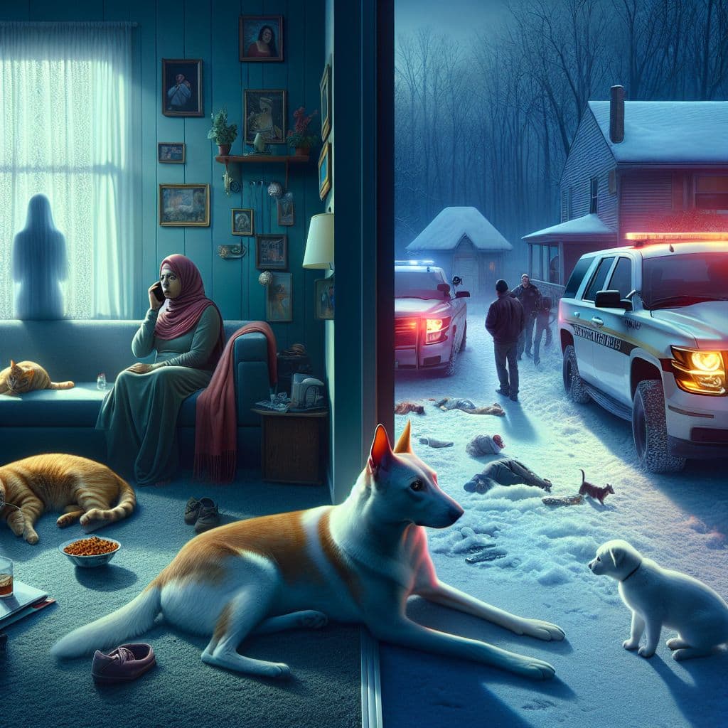 Surreal dream scene, cinematic and atmospheric, digital art: A glossy, stunning orange cat lounges inside a cozy house where a woman talks on the phone, outside two police cars with flashing lights sit in front of the snow-covered yard cluttered with garbage, neighbors with children stand nearby, a pure white, glassily groomed German Shepherd is brought inside as the woman nervously narrates the scene, while a mysterious figure bangs at the door late at night under soft daylight.