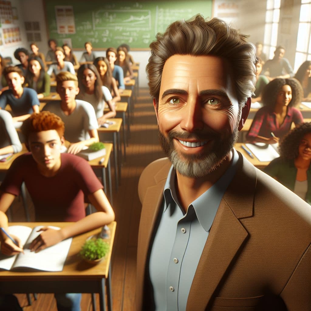 Digital art 4k scene from a movie: An AI-generated image of a classroom with a teacher who bears a resemblance to Robin Williams, surrounded by students diligently listening to a lesson.