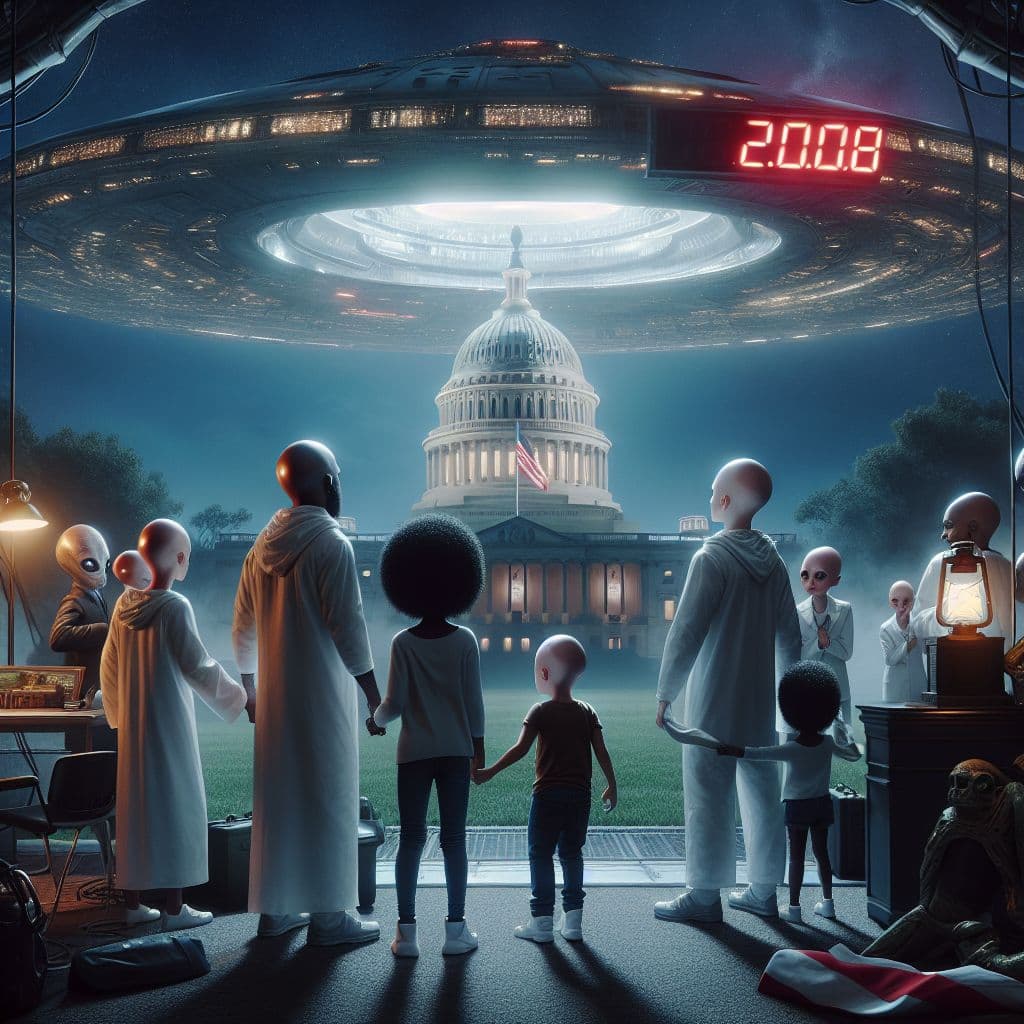 Digital art 4k scene from a movie: An extraterrestrial spaceship hovers over the White House as a family dons bald wigs to sneak aboard and discover a countdown timer signaling impending destruction, prompting a race against time to escape.