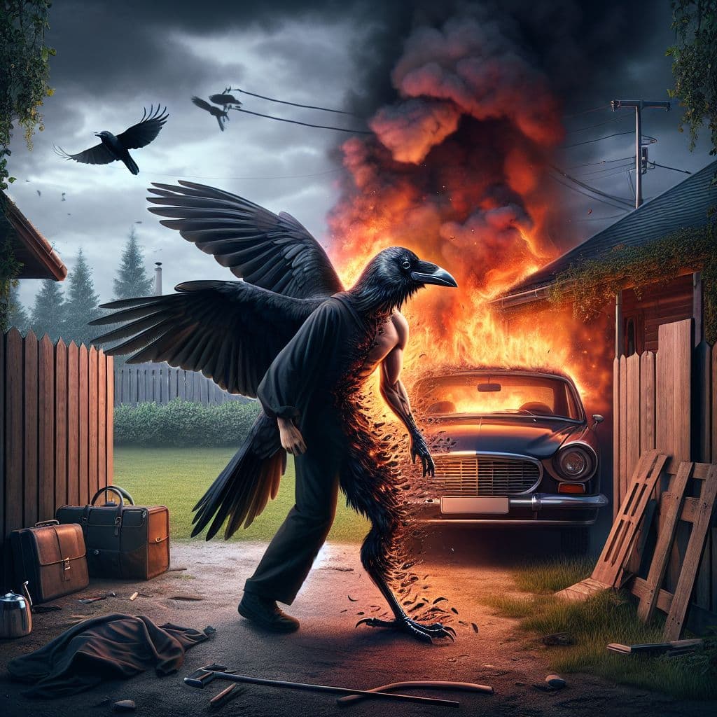 Digital art 4k scene from a movie: A crow turns into a human in the backyard as the house catches on fire, prompting a quick escape and a ride to safety in the car with the mysterious crow guy.