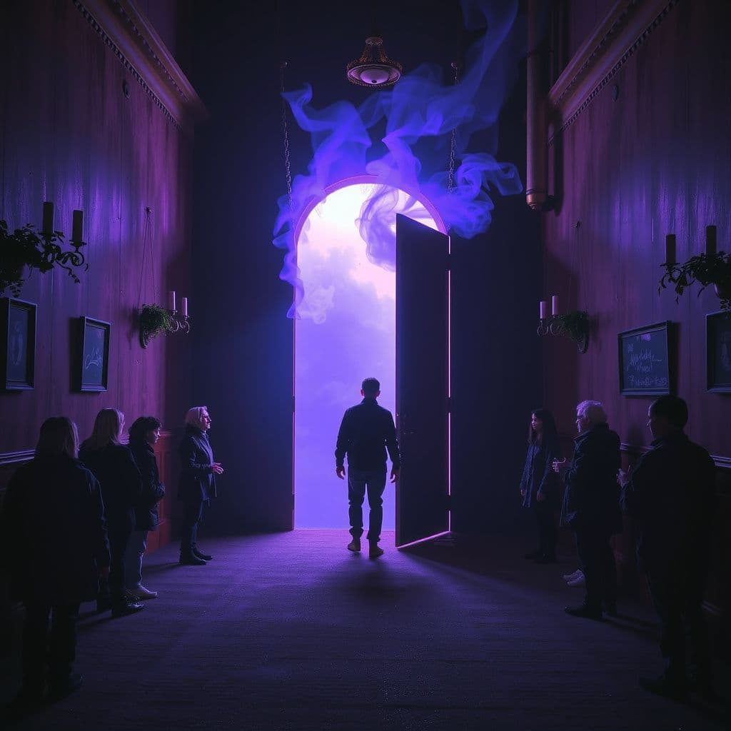 Surreal dream scene, cinematic and atmospheric, digital art: A person cautiously entering a dark purple, ethereal portal glowing with mysterious energy inside a dimly lit room filled with innocent bystanders, as an unseen presence urgently encourages them to hurry, capturing a surreal and otherworldly atmosphere.
