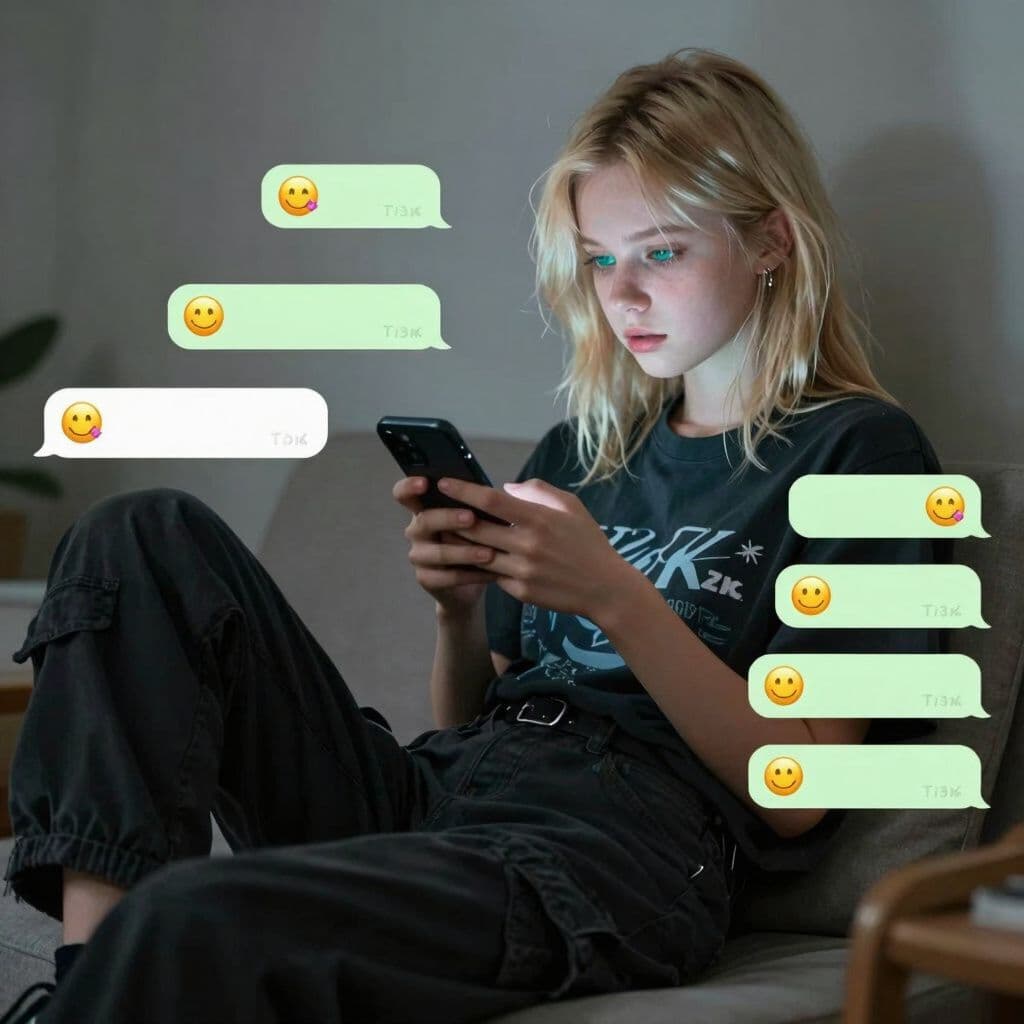 Surreal dream scene, cinematic and atmospheric, digital art: A young blonde girl with bluish-green eyes and shoulder-length wolf cut hair, wearing black cargo pants and a dark Y2K shirt, is sitting comfortably while texting on her phone, with multiple message bubbles visible around her showing excited emojis and conversation.