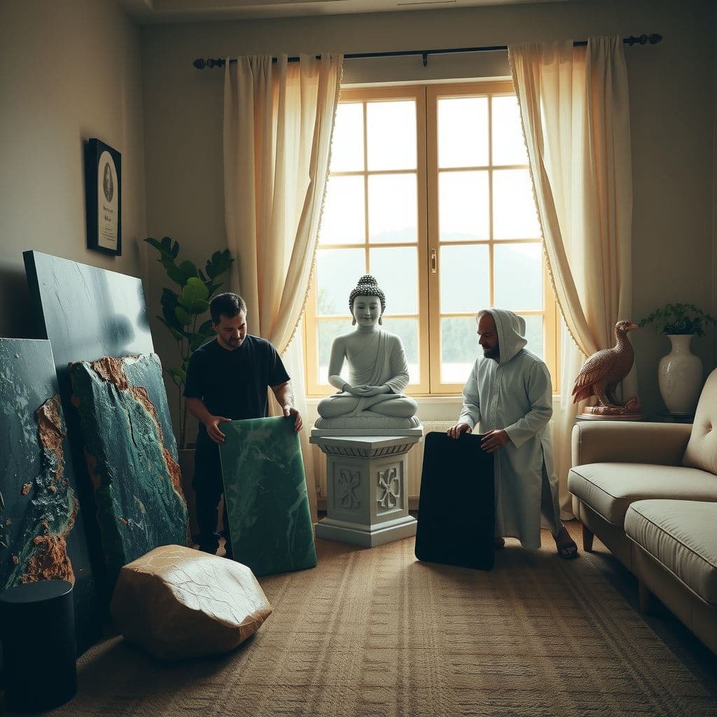 Surreal dream scene, cinematic and atmospheric, digital art: A peaceful scene of three brothers unpacking a collection of beautiful stones including huge slabs of green quartz, a black and gold jade Buddha, a white marble Kwan Yin, and intricately carved eagles in a cozy new home filled with warm light.