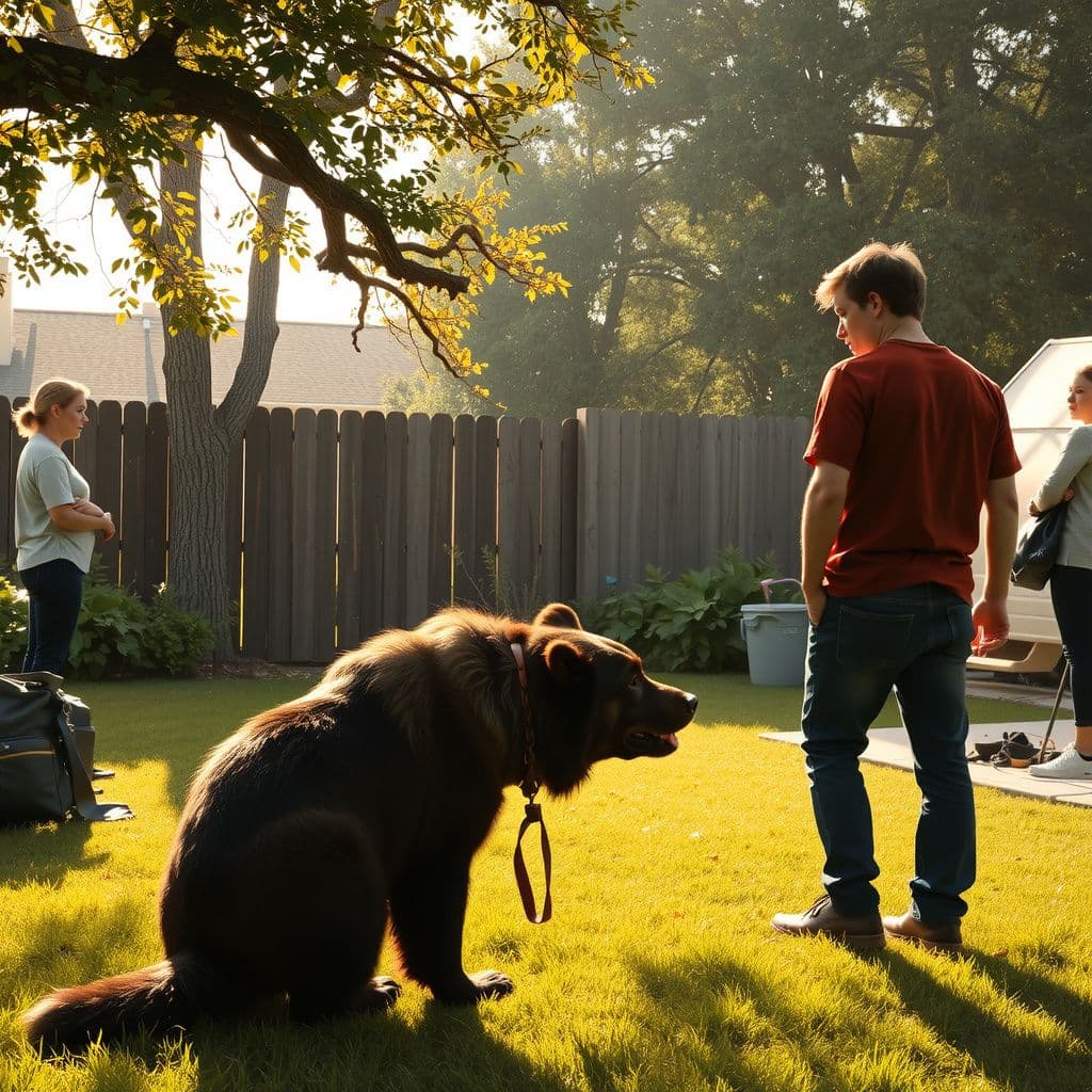 Surreal dream scene, cinematic and atmospheric, digital art: A person stands uncertain in a sunny backyard while a small bear-like creature gently nibbles their arm and a large dog approaches, as friends and family watch nearby with mixed emotions.