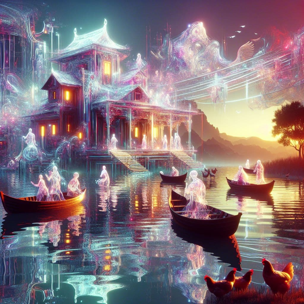 Digital art 4k scene from a movie: A surreal scene of holographic figures dancing next to boats on a lake, followed by a journey through a haunted house maze that leads to a mysterious and unsettling landscape with a red bridge and a disturbing encounter with a flock of chickens.