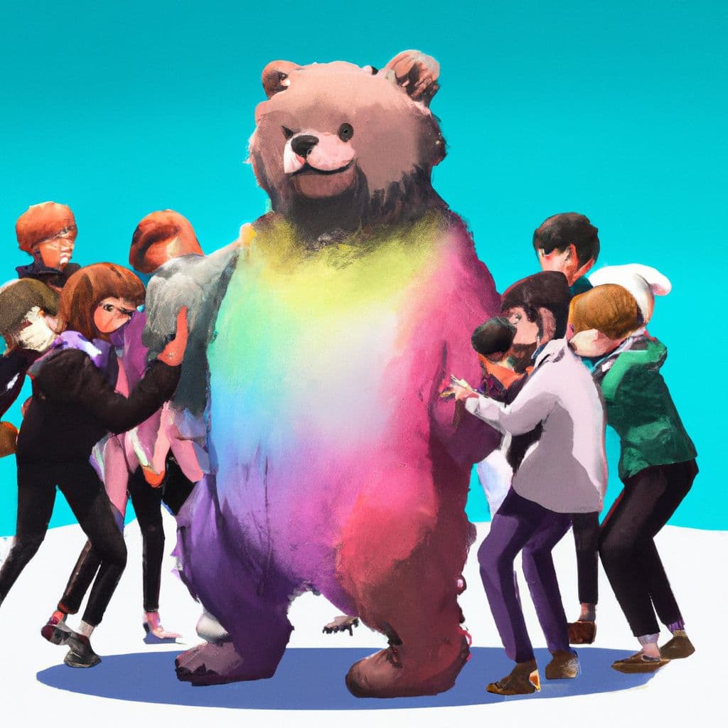 Digital art, A group of people crowded around, attempting to capture a popular individual in a photoshoot with a Care Bear, but their efforts turned into a comical struggle as the bear's arms stubbornly refused to align properly, causing frustration and humorous instructions among the crew.