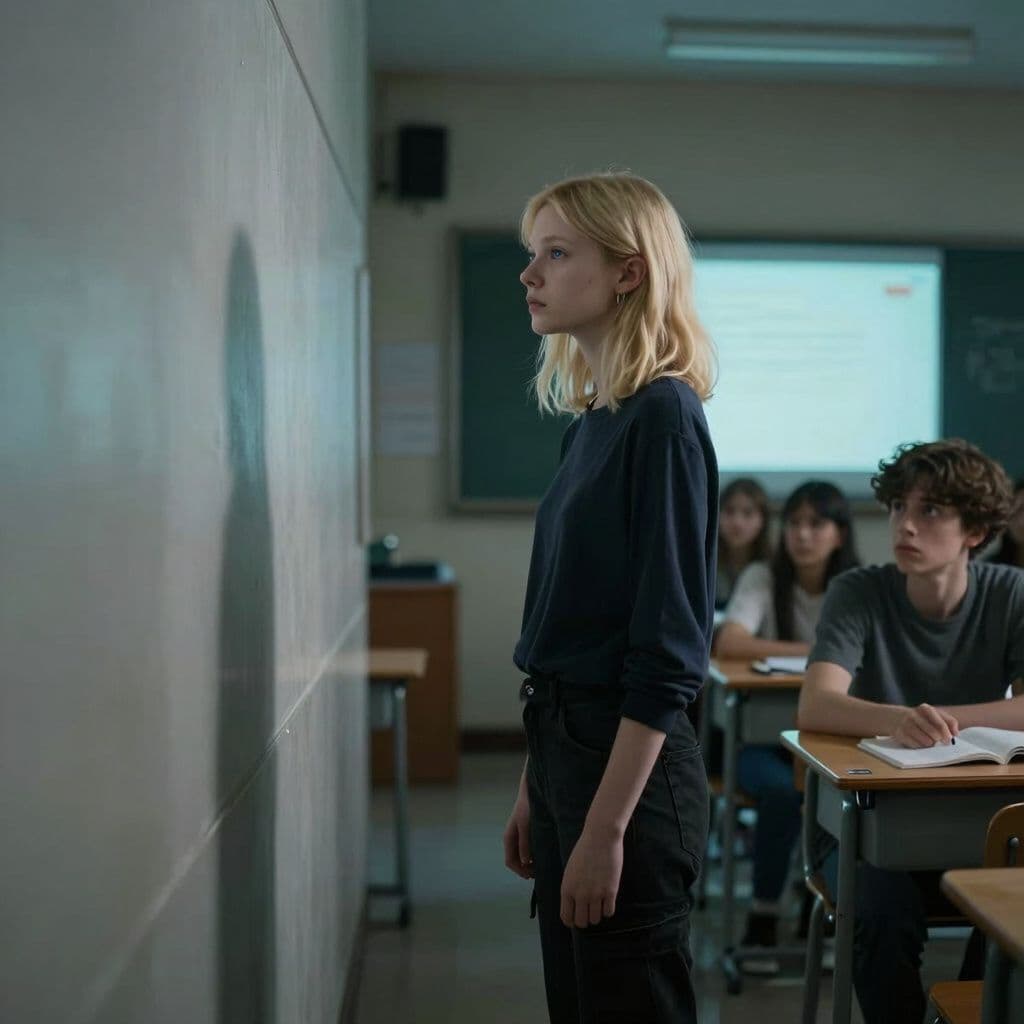 Surreal dream scene, cinematic and atmospheric, digital art: A 5'6" skinny blonde girl with shoulder-length wolf cut hair and bluish eyes, wearing black cargo pants and a dark long-sleeve tomboy shirt, stands quietly in a dimly lit high school classroom staring blankly at the wall while classmates watch a screen, as her older brother with dark brown hair and brown eyes looks upset nearby.