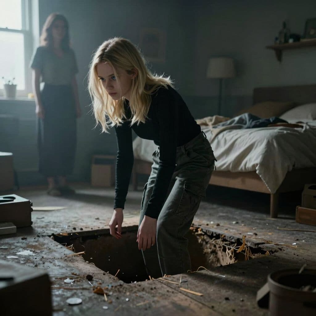 Surreal dream scene, cinematic and atmospheric, digital art: A slender 18-year-old girl with shoulder-length blonde wolf cut hair and bluish eyes, wearing dark cargo pants and a black long-sleeve tomboy shirt, cautiously uncovering a hidden basement floor in a dimly lit bedroom at morning light, with a sense of quiet anticipation as she waits for her mother to enter.