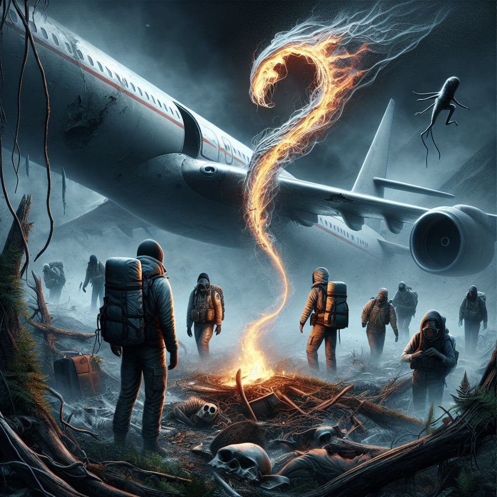 Digital art 4k scene from a movie: In the aftermath of a plane crash, a group of survivors must navigate through the wilderness as they are stalked by an invisible animal spirit, all while grappling with their own mortality and the burning image of a flailing piece of string or wire.