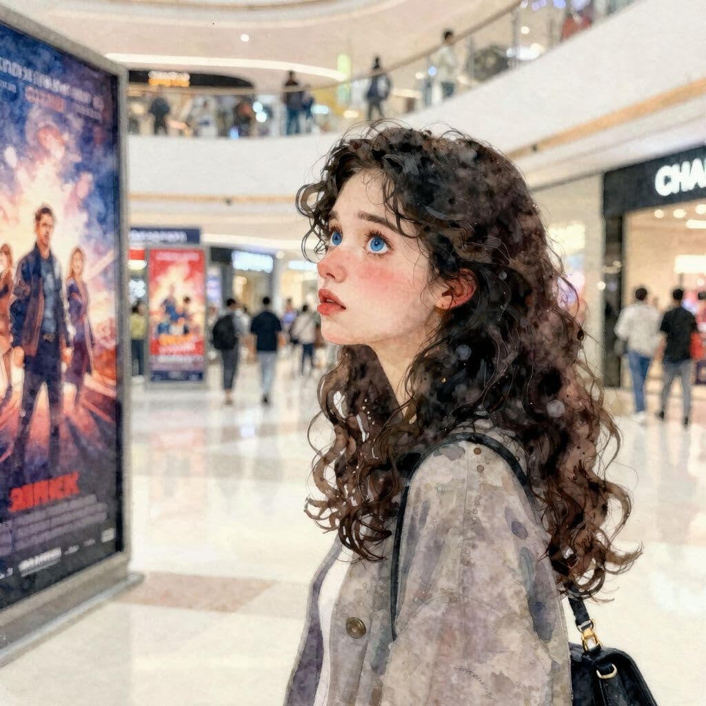 Watercolor painting of a dream scene, soft translucent washes, delicate brushstrokes, visible paper texture, muted palette: A curvy woman with blue eyes, pale skin, and long dark curly hair stands in a bright, bustling mall, looking thoughtfully at movie posters with dilated pupils and a slightly anxious expression.