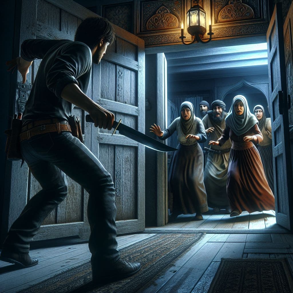 Digital art 4k scene from a movie: An individual finds themselves in a terrifying scenario where they are being pursued by a relentless killer with a slasher knife, only to discover a secret safety room with mysterious inhabitants in old-fashioned attire offering protection.