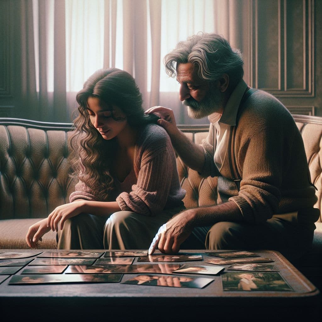 Digital art 4k scene from a movie: Upon entering the room, they were greeted by a familiar face from over 4 years ago, who had seemingly transformed in appearance, and as they sat on the couch reminiscing and looking at photos together, a feeling of warmth and nostalgia enveloped them as he gently ran his fingers through their hair.