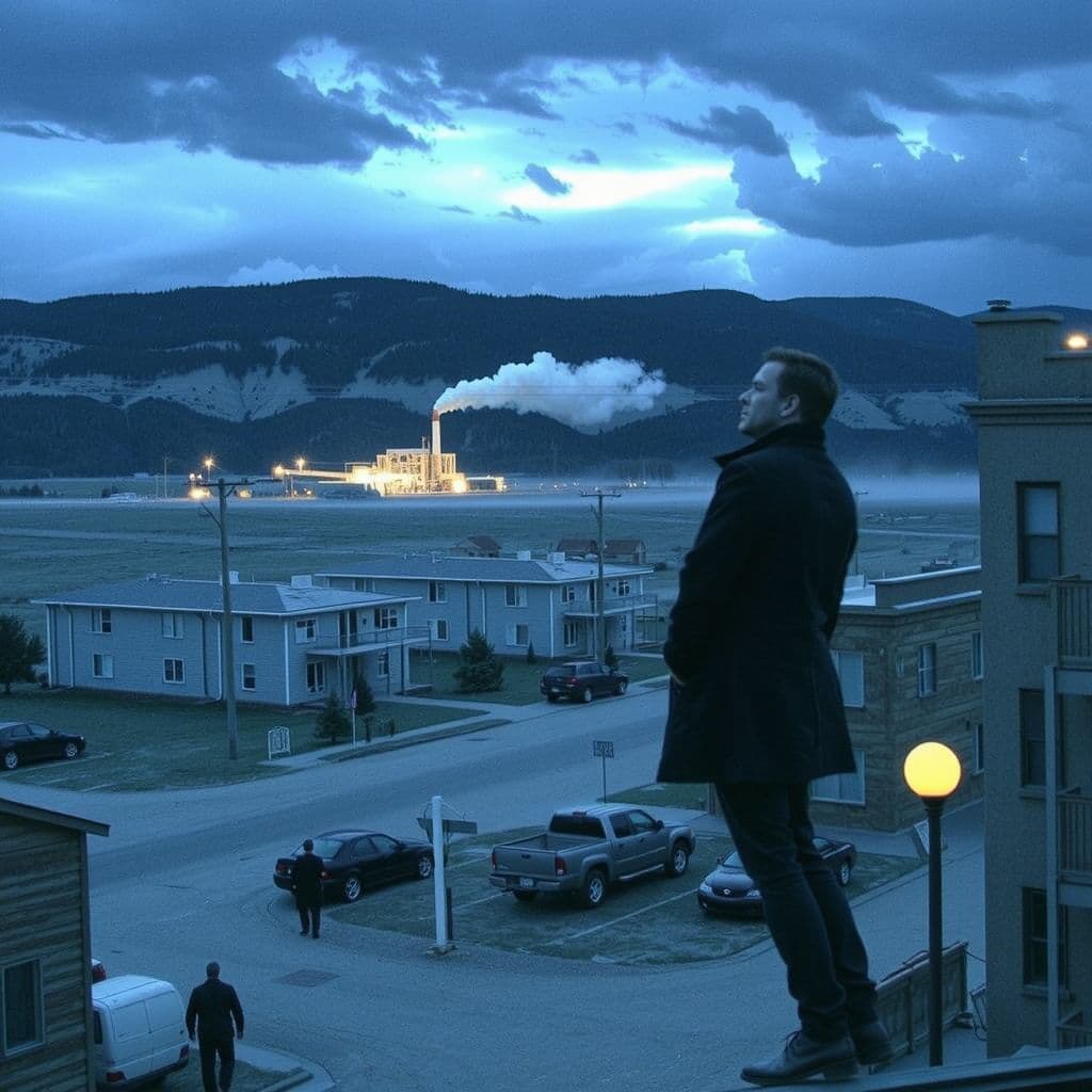 Surreal dream scene, cinematic and atmospheric, digital art: Aerial view of a ghost investigation in a small Montana Badlands town at dusk, featuring low-rise apartment buildings with wooden balconies, a lone industrial smokestack in the distance, a levitating investigator observing the flat, quiet landscape, and a group of locals going about their daily routines under a moody sky.