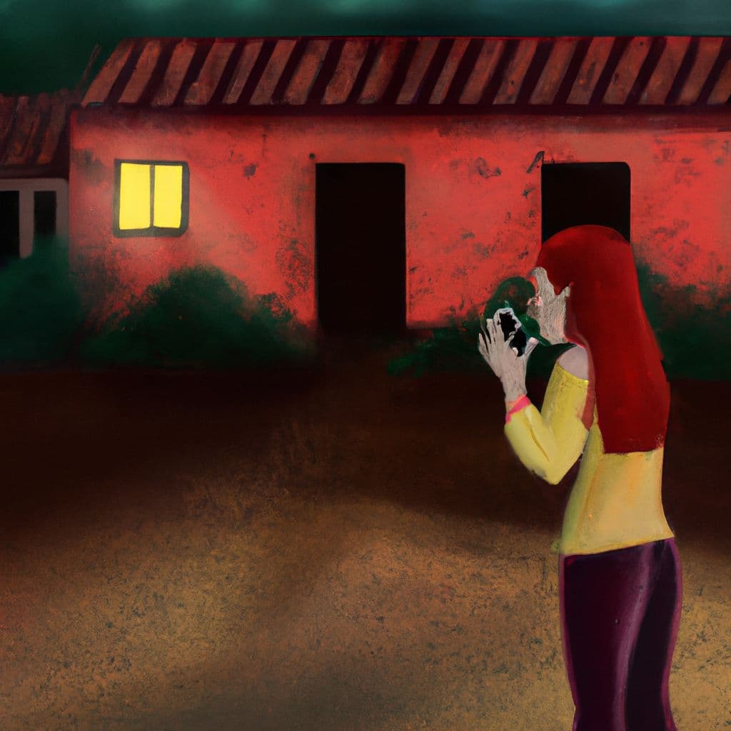 Digital art, As a grown lady with red hair, she frantically searched her entire house, desperately calling out for her missing daughter, only to be met with silence and worry; consumed by fear, she reached for her phone to call the police, racing against time to find her beloved child.