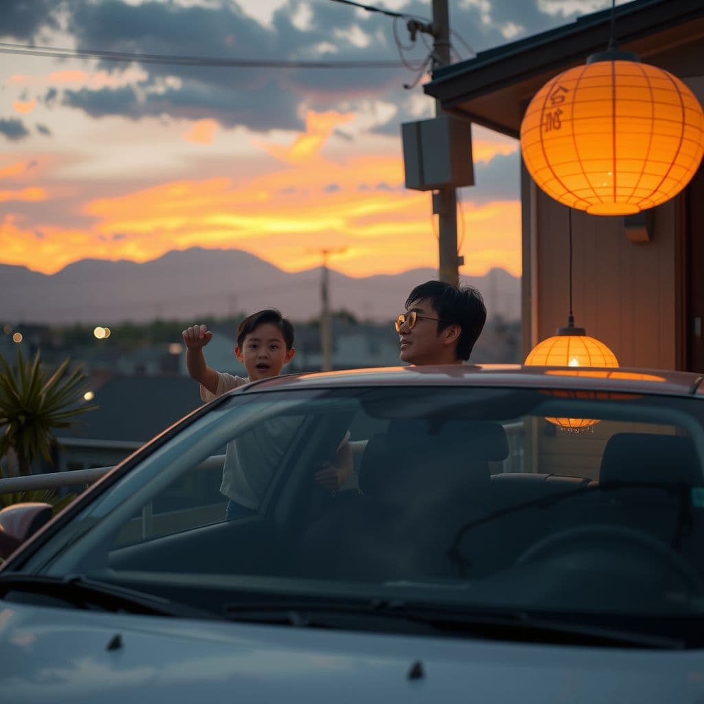 Surreal dream scene, cinematic and atmospheric, digital art: A surreal dream scene depicting a peaceful Chinese family hurriedly escaping their home with a car amidst sudden cutoffs of water and electricity during an unexpected Pacific conflict, showing a tense but hopeful atmosphere.