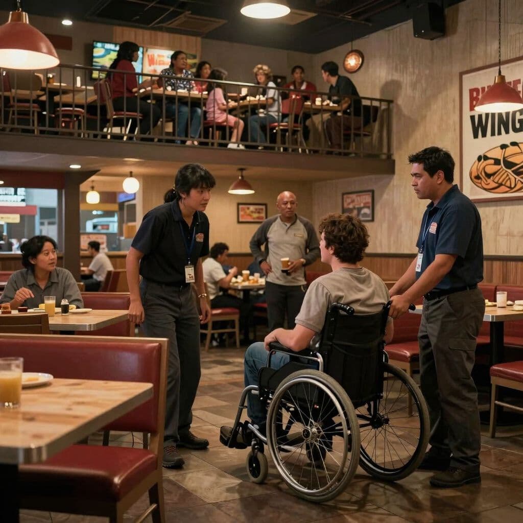 Surreal dream scene, cinematic and atmospheric, digital art: A tense scene inside a lively Buffalo Wild Wings restaurant where a person in a wheelchair is engaged in a serious conversation with staff, while others nearby observe and support, with a balcony overlooking diners below and family members reuniting in the background.