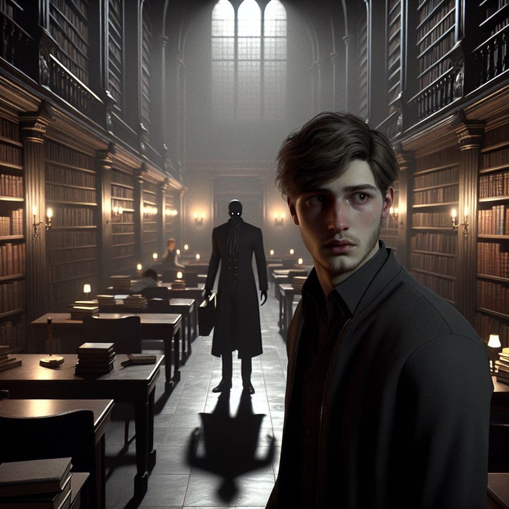 Digital art 4k scene from a movie: Imagine a university library setting at nighttime, with a student being followed by a menacing figure in a black suit and coat, alongside their son, causing a creepy feeling to overcome the student.