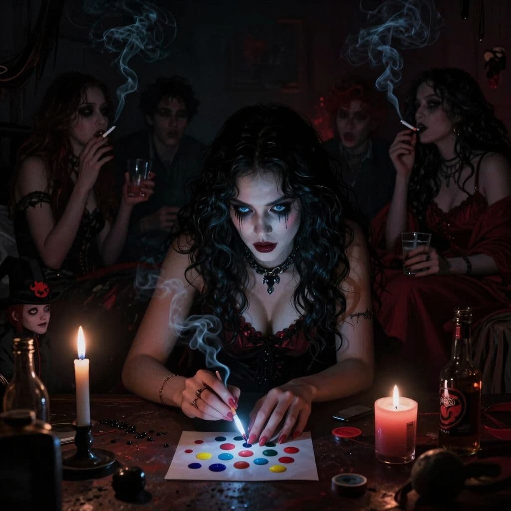 Dark gothic dream scene, moody shadows, dramatic chiaroscuro, ominous atmosphere, deep blacks with muted crimson, digital art: A curvy woman with blue eyes, pale skin, and long dark curly hair is carefully making blotter acid on colored dots in a dimly lit third-floor bedroom, surrounded by friends smoking cigarettes and drinking, with lively conversations and a small man wearing a tiny hat nearby.