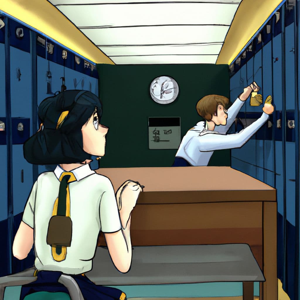 Digital art, As E looks on nervously, the protagonist struggles to unbuckle their seatbelt and retrieve the single key from the locker before the custodians come to throw it away.