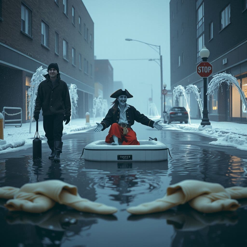 Surreal dream scene, cinematic and atmospheric, digital art: A whimsical icy pirate and a female companion travel on a plastic hot tub-shaped raft through a snowy, flooded city street with frozen sprinklers and thick wool sweaters scattered around, evoking a surreal winter adventure.