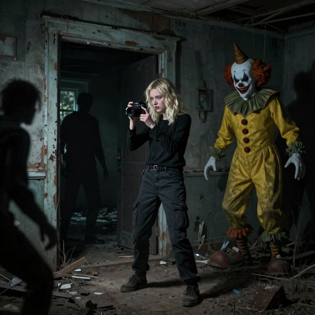 Surreal dream scene, cinematic and atmospheric, digital art: A skinny 18-year-old girl with shoulder-length blonde wolf cut hair and bluish eyes, wearing dark cargo pants and a black long-sleeve tomboy shirt, nervously recording with a camera as she stands at the dusty, dimly lit basement entrance of an abandoned house, while shadowy black figures and a large yellow clown approach in the eerie darkness.