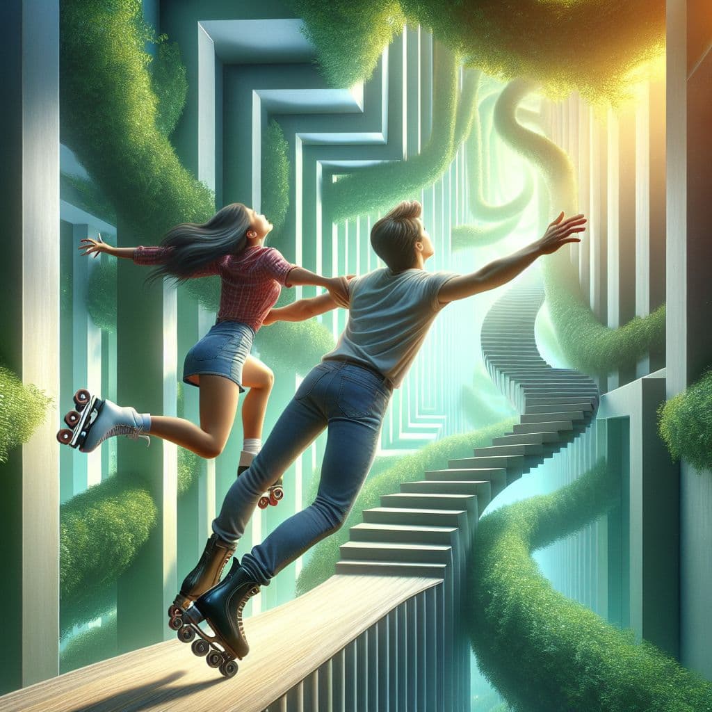 Surreal dream scene, cinematic and atmospheric, digital art: A person and their mother roller skate quickly down hallways and stairs, then fly together above treetops with arms wrapped around each other in a warm, magical embrace.
