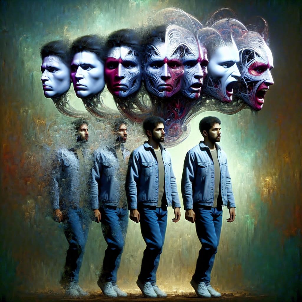 Digital art 4k scene from a movie: In a world revolving around disguise and identity, a man slowly transforms into a manipulative and dangerous person as he adopts various personalities, ultimately leading to a tragic and isolated existence.