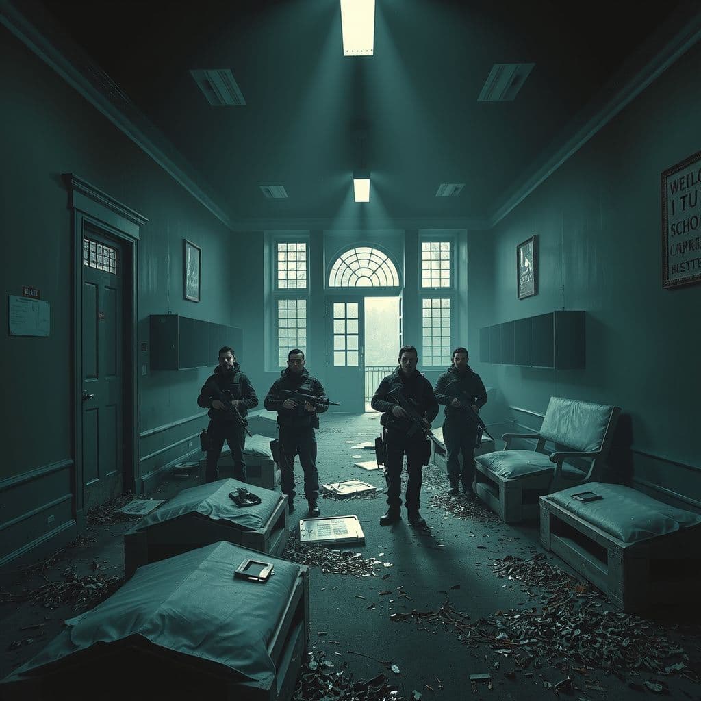 Surreal dream scene, cinematic and atmospheric, digital art: A paramilitary unit of six men stealthily explores a dark, abandoned school in a misty swamp village, armed with crossbows and futuristic plasma guns, encountering eerie traps, glowing-eyed female security guards, and an unexpected lively tour group illuminating the once-desolate halls.