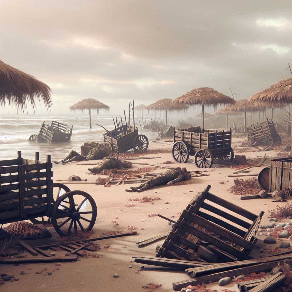 Digital art 4k scene from a movie: Generate an image of a desolate beach island post-nuclear bomb explosion, with abandoned wooden carts and signs of radiation sickness evident among the survivors.