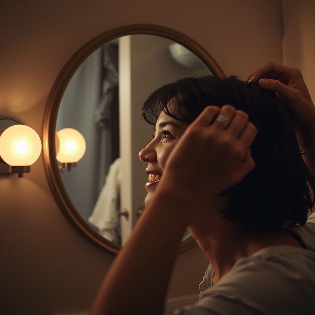 Surreal dream scene, cinematic and atmospheric, digital art: A person looks into a mirror with unusually large, dilated pupils covering most of their eyes, smiling and laughing softly while fixing their hair in a softly lit, calm bathroom.