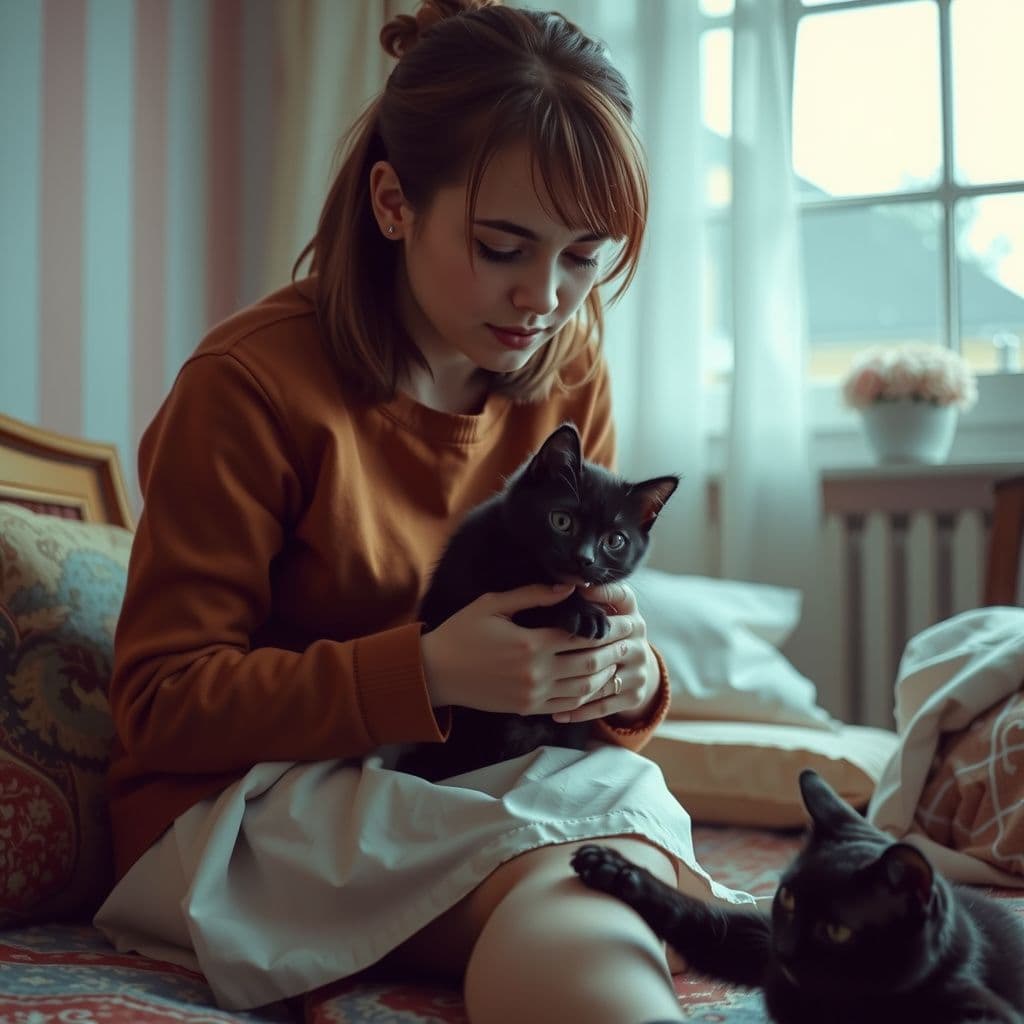 Surreal dream scene, cinematic and atmospheric, digital art: A young person finds a small black kitten crying in the rain during a stormy day, brings it home where their initially unseen kitten eventually appears to their concerned mother, while their other cat happily plays and snuggles with the new kitten in a cozy, softly lit room with pastel pink and white walls.