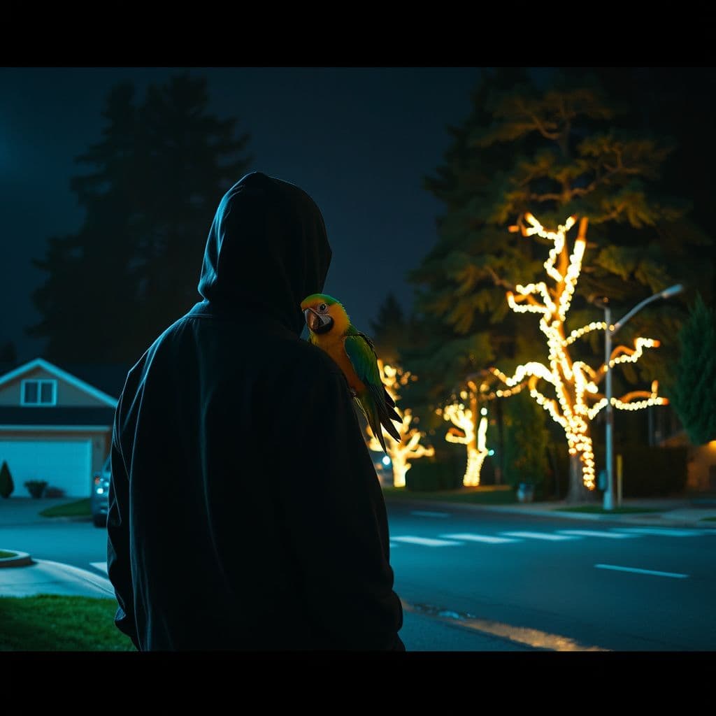 Surreal dream scene, cinematic and atmospheric, digital art: A nighttime scene where a person stands beside a large, colorful parrot perched happily on their arm in a quiet neighborhood surrounded by pine trees, with a glowing holographic effect subtly illuminating the trees in the background.