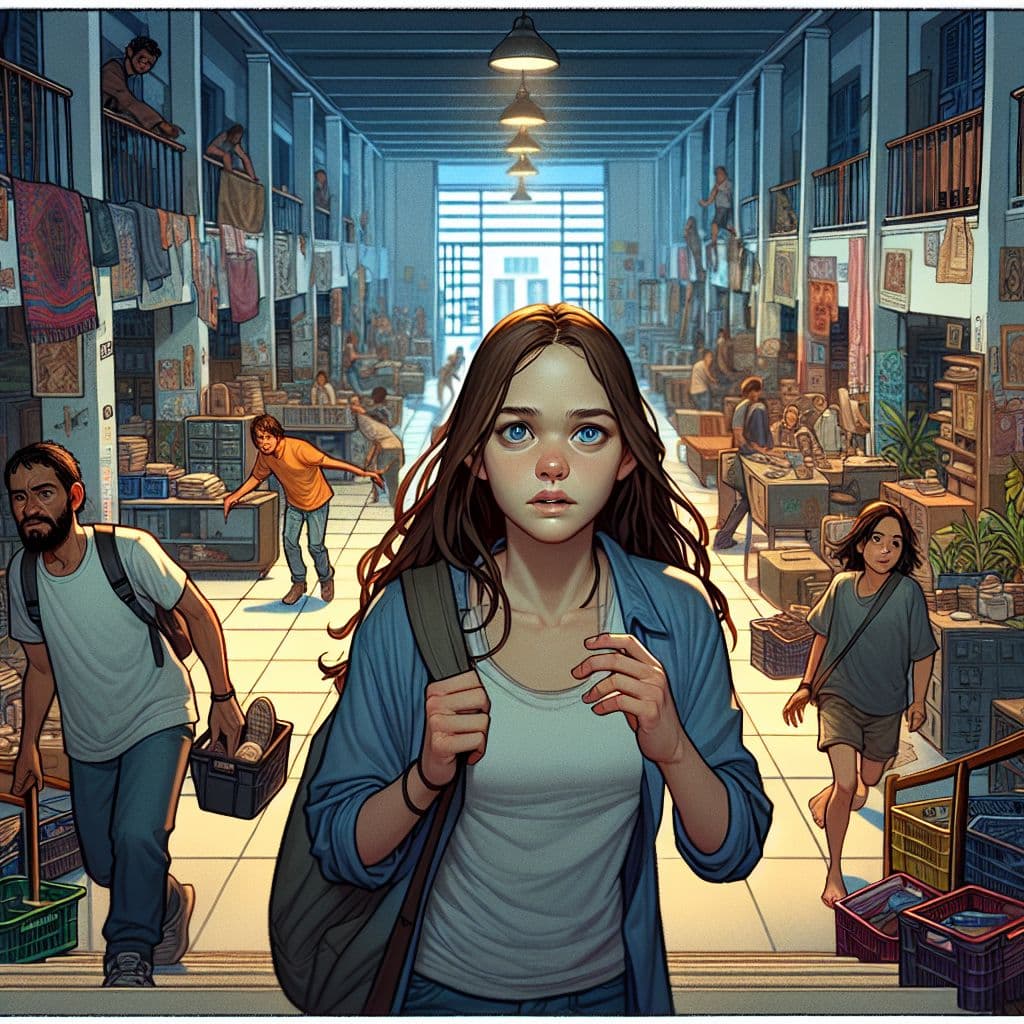Digital art 4k scene from a movie: An exhausted 25-year-old woman with long brunette hair and blue eyes navigates through a college campus, running into her brothers Ias and Herm who lead her through corridors, stairs, and rooms filled with random items until she encounters a series of moving pathways that eventually leads to a terrifying accident.