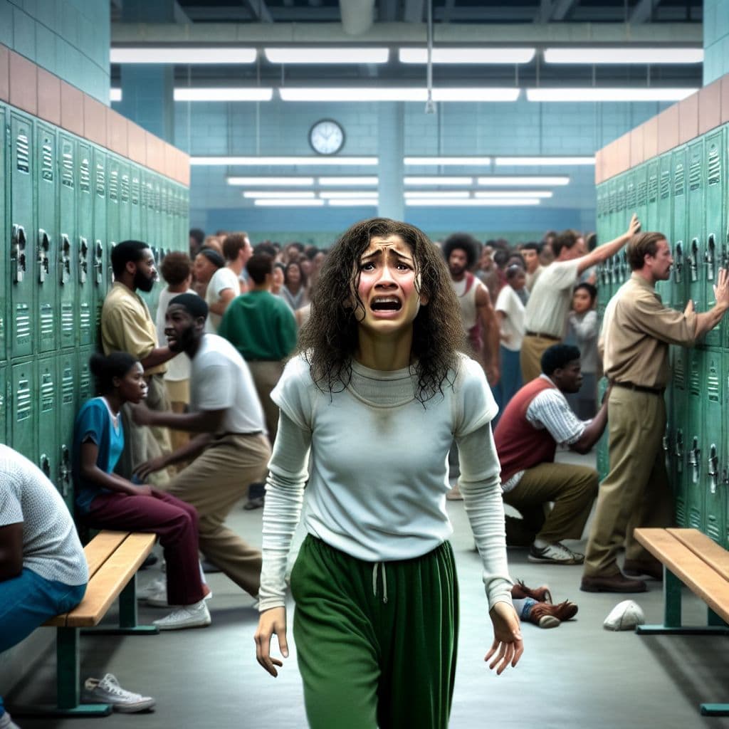 Digital art 4k scene from a movie: Lost in a high school locker room, she searches desperately for her green leggings and white tank top among the bustling groups of athletes preparing for their games.