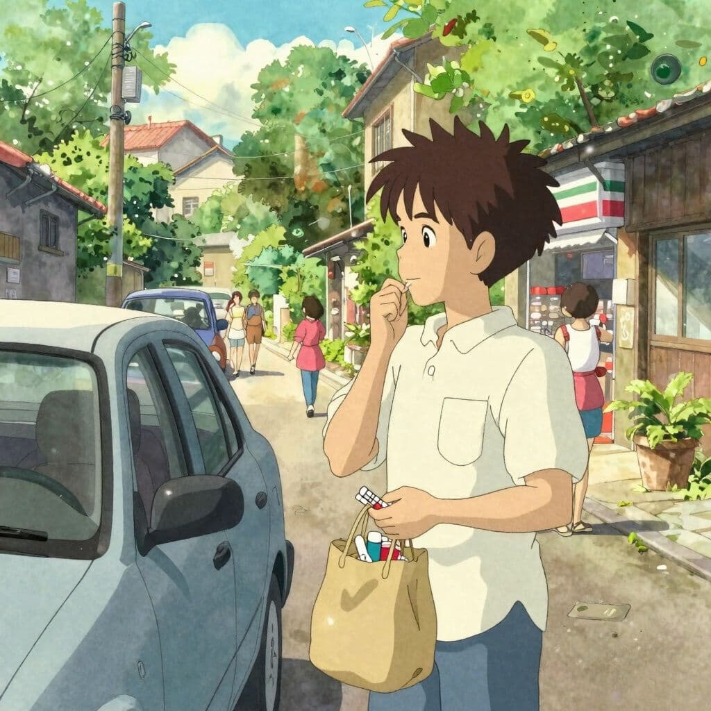 Hand-painted anime dream scene in the style of Studio Ghibli, soft watercolor backgrounds, lush nature, whimsical warmth, gentle glowing light: A busy lunch hour scene showing a thoughtful person standing near their car parked in a quiet alley, holding a grocery bag with throat lozenges and chalk inside, deciding between two nearby chain stores on a sunny afternoon.