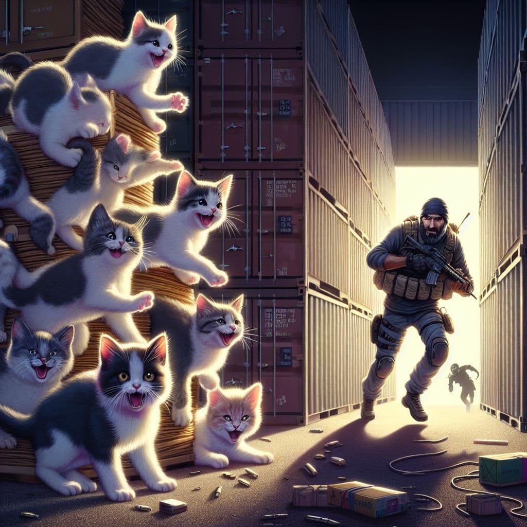 Digital art 4k scene from a movie: Discover a hidden secret under a tower of storage containers - a group of playful kittens in various colors prancing around, while in the distance, a dramatic scene unfolds as a brave individual risks their life to save a girl from a dangerous situation involving a bomb.