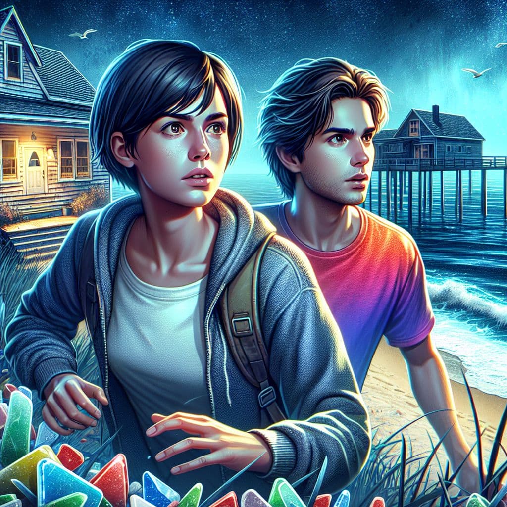 Digital art 4k scene from a movie: Two friends, LG and RR, explore a mysterious beach house in their hometown, searching for clues to unravel a looming mystery while the dark blue sea sparkles with sea glass along the shore.