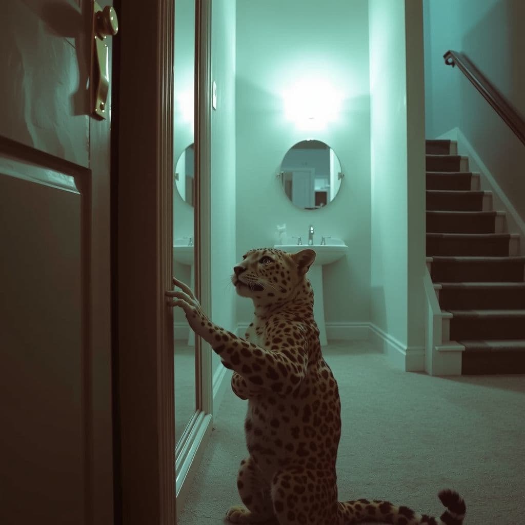 Surreal dream scene, cinematic and atmospheric, digital art: A surreal hallway scene featuring a large house leopard playfully interacting with its reflection in a mirror near a staircase and a bathroom door, capturing a dreamlike atmosphere with soft lighting and muted colors.