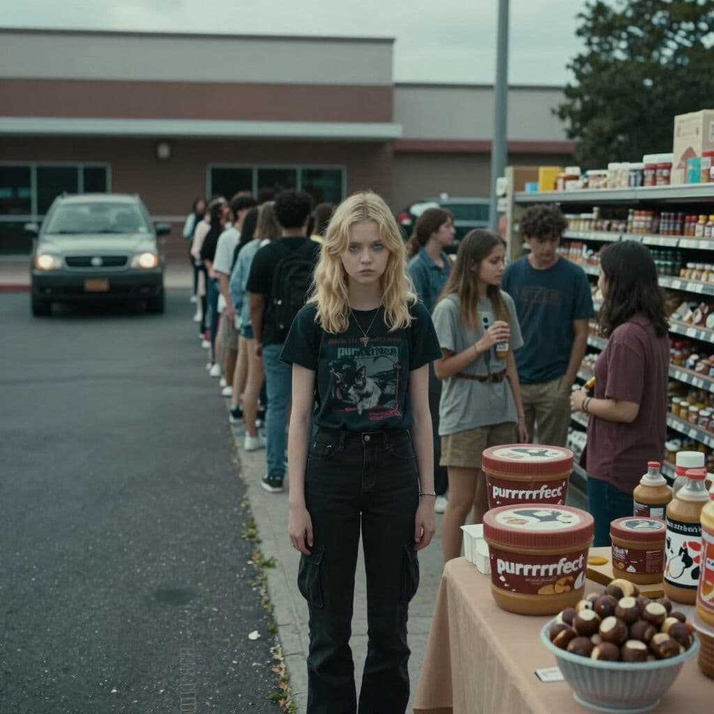 Surreal dream scene, cinematic and atmospheric, digital art: A slender 18-year-old girl with shoulder-length blonde wolf cut hair and bluish-green eyes, dressed in black cargo pants and a dark Y2K shirt, standing nervously in a long line of diverse people outside a large building as her parents drive away, followed by a cozy grocery store scene where she and her parents look at oversized peanut butter cups labeled 'purrrrrfect' for cats next to a sample table offering buckeye bites.