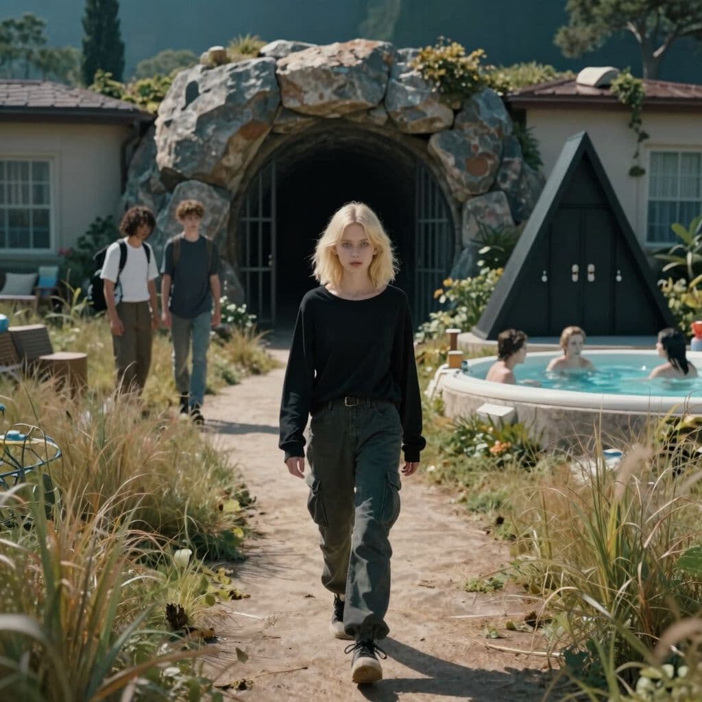 Surreal dream scene, cinematic and atmospheric, digital art: A skinny 18-year-old girl with shoulder-length blonde wolf cut hair and bluish eyes, wearing dark cargo pants and a black long-sleeve emo shirt, walks with her parents along a surreal daylit trail surrounded by soft long grass that contrasts with the night outside, discovering a rocky, barred opening leading to a dark tunnel and encountering a mysterious black triangular room with locks, while strange people swim in a hot tub nearby in an eerie, large hotel setting.