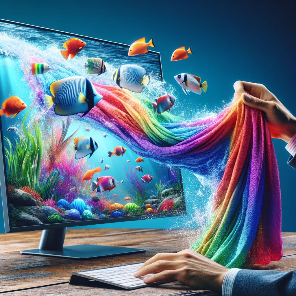Digital art 4k scene from a movie: Dall-e image: A person holds a colorful towel up to a computer screen, watching as fish swim through the fabric as if traveling from a virtual world to reality.