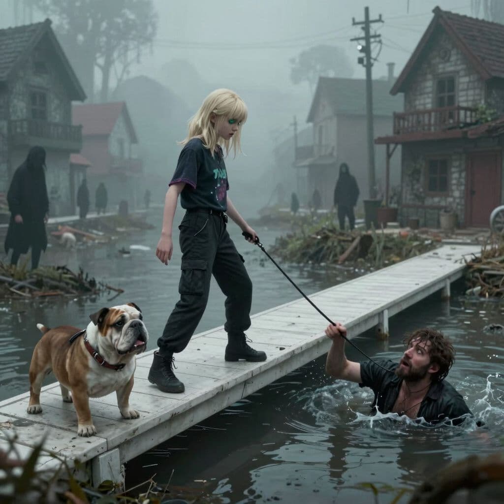 Surreal dream scene, cinematic and atmospheric, digital art: A blonde girl with shoulder-length wolf cut hair and bluish-green eyes, wearing black cargo pants and a dark Y2K shirt, cautiously crossing a white bridge over muddy water in a strange, eerie town while a talking bulldog on a leash tries to pull a frightened man underwater, with shadowy figures watching from the fog.
