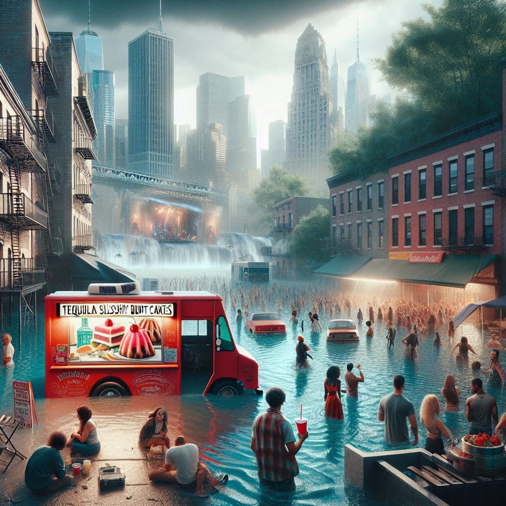 Surreal dream scene, cinematic and atmospheric, digital art: A surreal flooded NYC street scene featuring a red food truck serving tequila slushy Bundt cakes, a lively Beyoncé concert in the background, people meeting in a courtyard debating over seats in front of the truck, and a red truck cautiously driving through floodwaters amid towering residential and office buildings transitioning from uptown to downtown views.