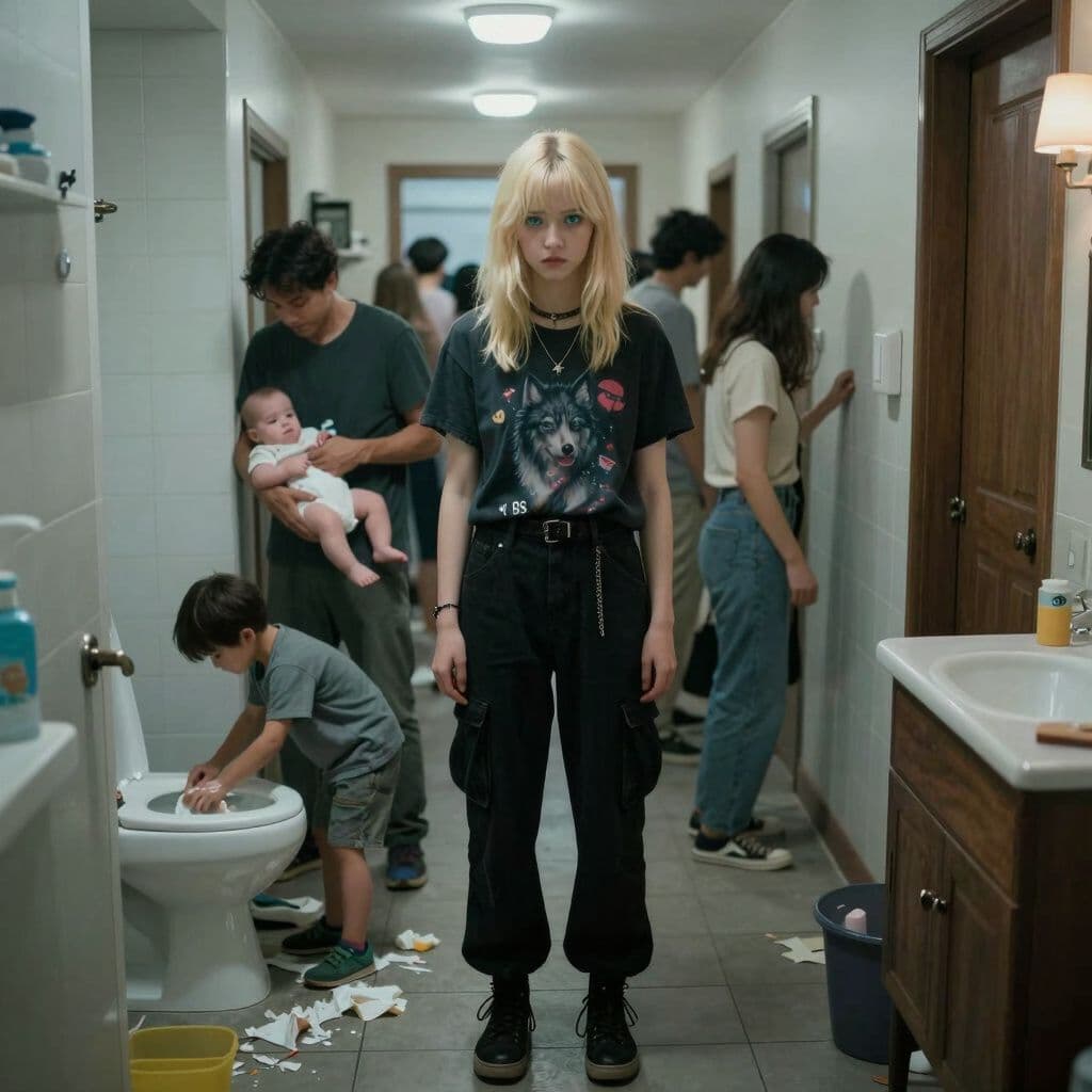 Surreal dream scene, cinematic and atmospheric, digital art: A blonde girl with bluish green eyes and wolf cut hair to her shoulders, wearing black cargo pants and a dark Y2K shirt, stands patiently in a lively upstairs hallway filled with people, near bathrooms where a father changes a baby’s diaper and a young boy cleans up a messy toilet area under her firm supervision.