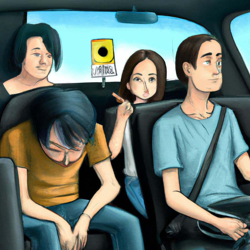 Digital art, A person sitting in a car with their parents, feeling a mixture of confusion and sadness as their father confronts them aggressively about a song, causing them to hide their emotions while getting their dad's hair cut.