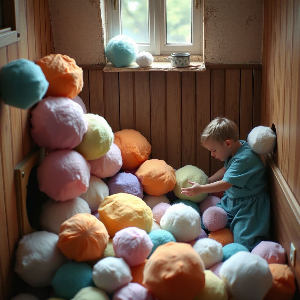 Surreal dream scene, cinematic and atmospheric, digital art: A whimsical scene of a room filled with colorful, silky fluffy soft balls in various pastel shades coming to life and crawling out of cracks and holes, with a curious person gently pulling them out, all depicted in a cozy, magical atmosphere.