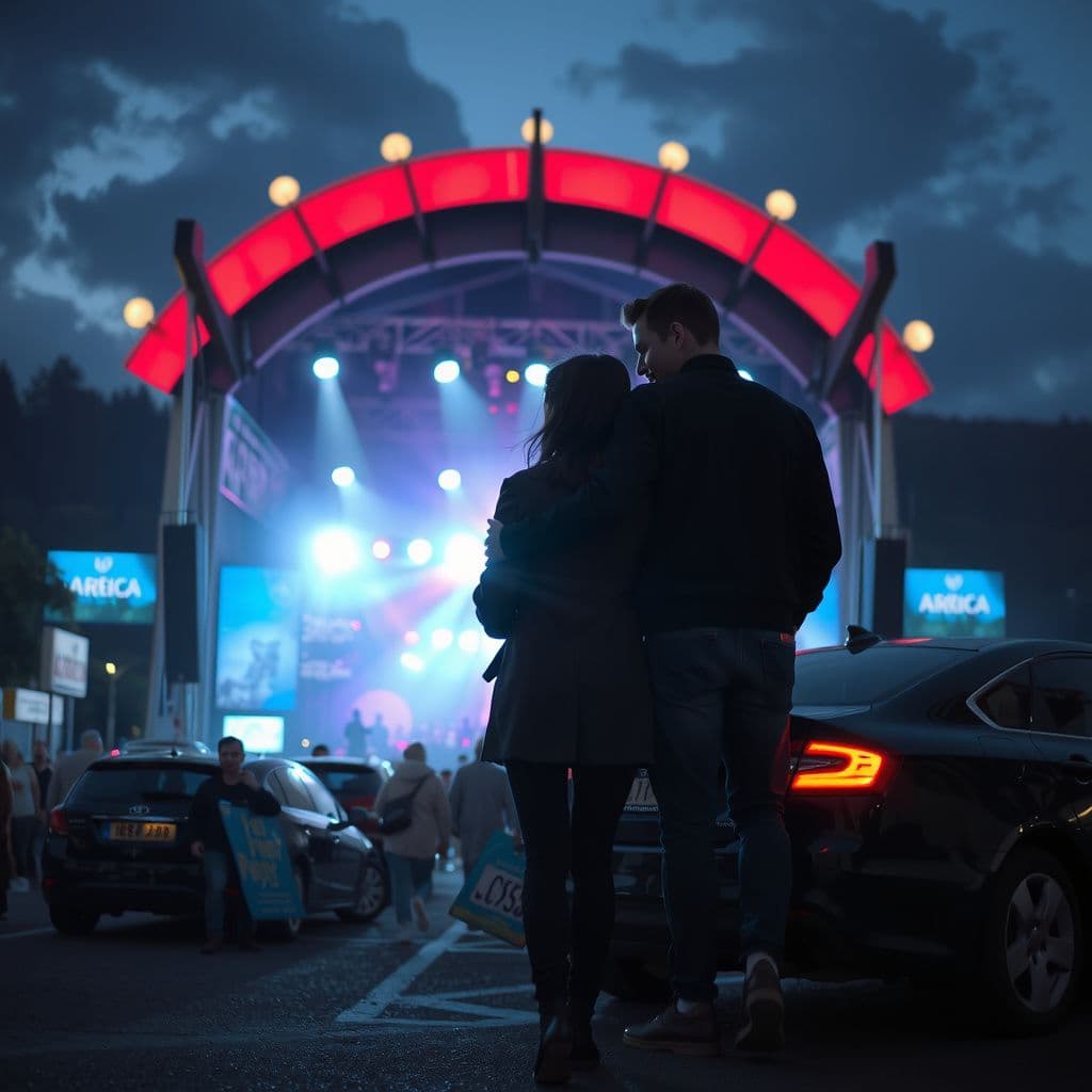 Surreal dream scene, cinematic and atmospheric, digital art: A bustling outdoor concert scene with a large joyful crowd, a couple standing close together amidst the music and vibrant lights, and the woman looking thoughtfully around a busy parking area searching for her car.