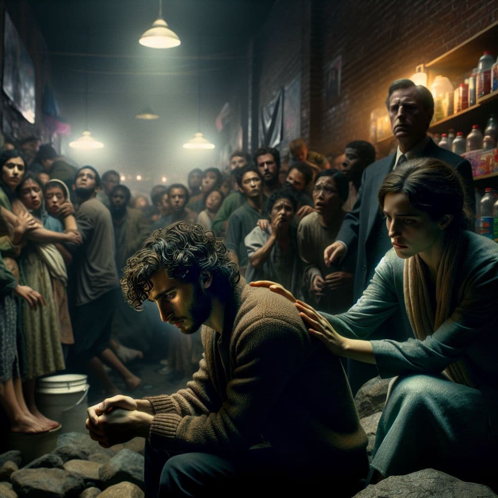Digital art 4k scene from a movie: Dall-E, generate an image of a dimly lit store packed with people, where a person is sitting on rocks outside with someone comforting them after a mysterious disappearance of a curly-haired child named Jonathan.