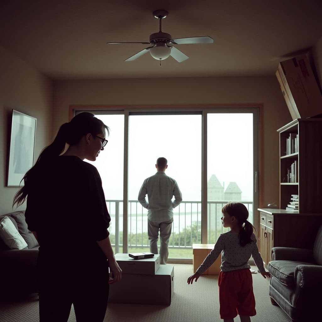 Surreal dream scene, cinematic and atmospheric, digital art: A warm family gathering celebrating moving out of an old house, with a person looking out a window at a serene ocean view while music plays softly, surrounded by empty rooms filled with packed boxes and furniture, sharing a quiet, tender moment with a woman with a block ponytail and rosy cheeks.