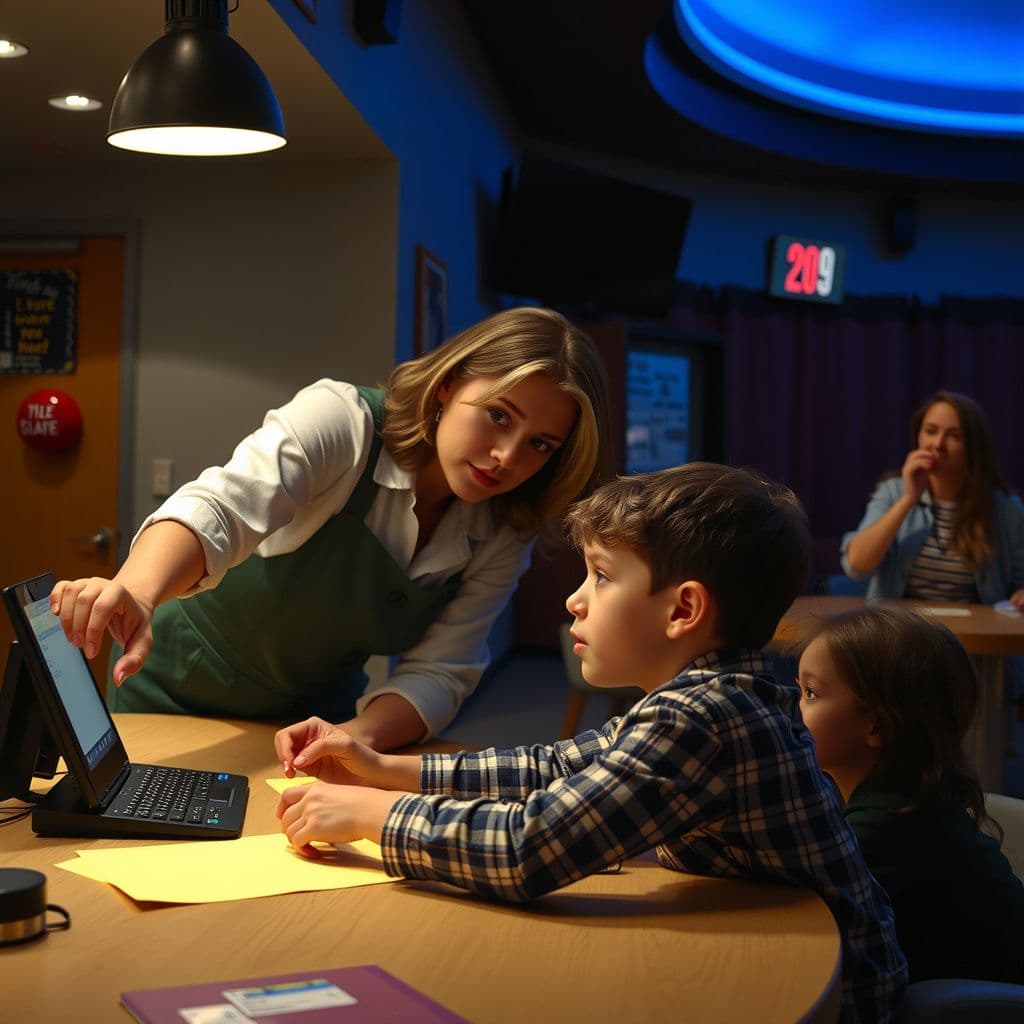 Surreal dream scene, cinematic and atmospheric, digital art: A tired movie theatre employee juggling work duties while caring for two young children, one a blonde curly-haired boy full of questions and the other being called over by a woman named Anna, set in a cozy, busy cinema environment.